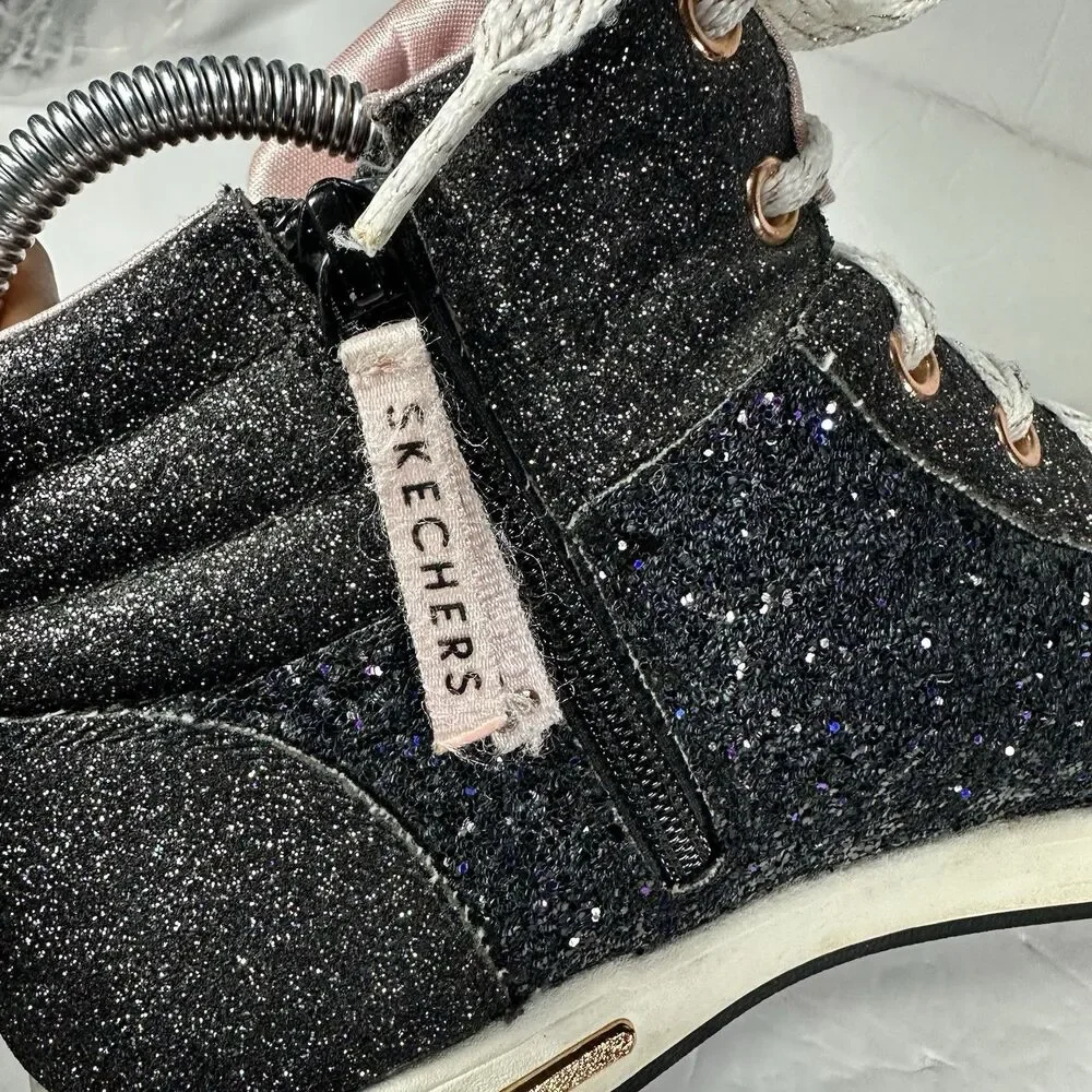 Skechers Girls Black Glitter Star High Top Sneakers - Size US 4 - Pink Lining